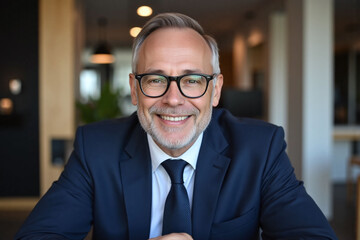 Naklejka premium middle aged man sitting at office desk wearing navy suit smiling