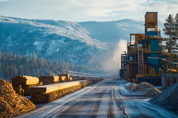 Lumber mill processing timber in winter landscape with snowy mountains