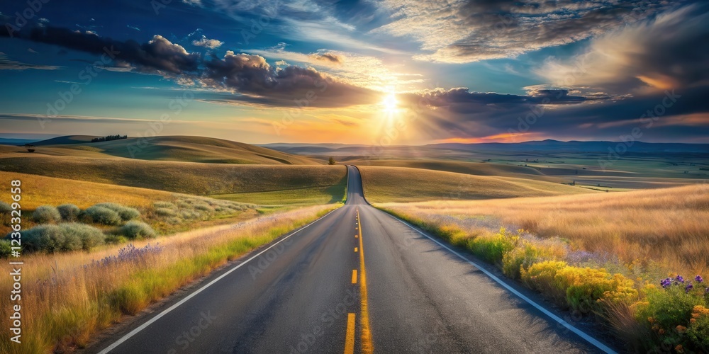 Poster a winding asphalt road stretches through a field of tall golden grass under a bright sky with clouds