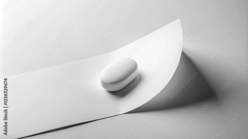 Poster A minimalist white oval object rests on a curved sheet of white paper, creating a simple yet striking visual composition.