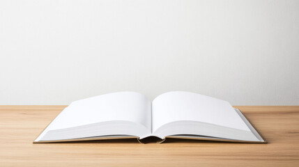 Open blank white book on wooden table, creating serene and minimalist atmosphere. Perfect for creative writing or note taking