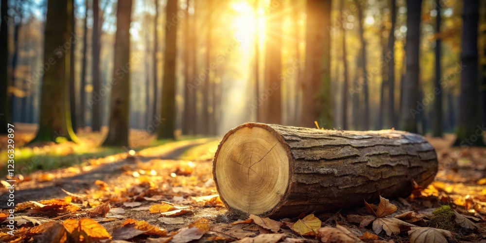 Poster A large, felled log rests in a forest clearing, sunlight illuminating the path and the golden autumn leaves that blanket the ground.