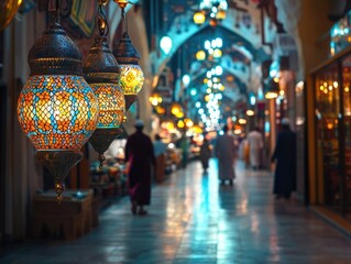 Obraz premium Streetside shops in Turkey, illuminated with lanterns and lights.