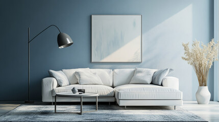  Serene Blue-Toned Modern Living Room with White Sofa & Abstract Decor