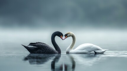 Two birds forming a heart shape on tranquil water black swan and white bird elegant motion photorealistic telephoto shot natural light bright details distant mountain backdrop