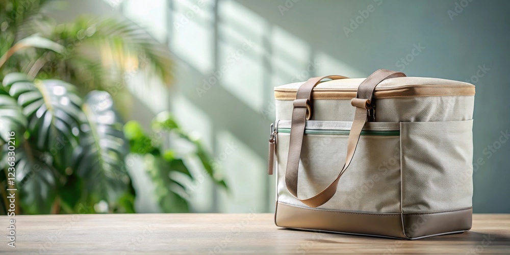 Aufkleber a beige canvas bag with brown leather handles sits on a wooden table with a blurred background of gr