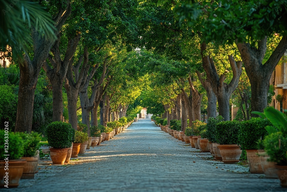Poster beautiful tree lined pathway creating a tunnel effect in a lush garden