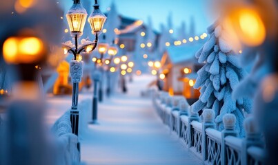 Snowy Winter Town with Glowing Street Lamps and Magical Ambiance
