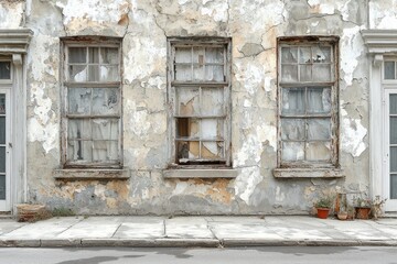 Dilapidated building facade with weathered windows and cracked wall