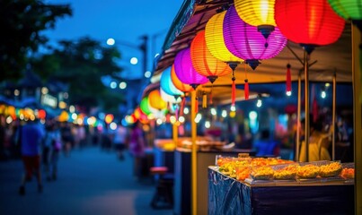 Fototapeta premium Lively Exotic Night Market with Vibrant Lanterns and Aromatic Street Food