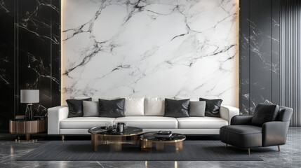 Modern Luxury Living Room with Marble & Black Pattern Wall – 3D Interior Design