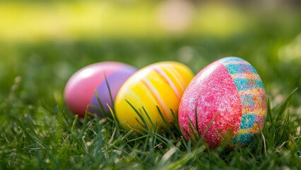 Fototapeta premium Easter eggs with colorful pattern on green grass