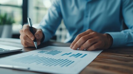 Naklejka premium Businessperson reviewing financial charts and graphs analyzing data with a pen