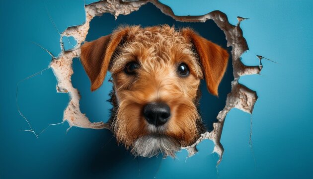Nahaufnahme eines Airedale-Terrier-Welpen aus einem zerfetzten Loch in der Wand vor blauem Hintergrund
