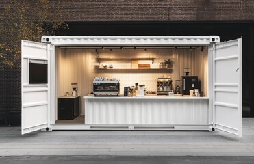 A white shipping container with a kitchen inside, a brick wall in the background, and a coffee shop interior. 