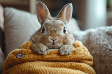 Cuddly Rabbit in Lavender Pajamas Holding Bedtime Book in Rocking Chair