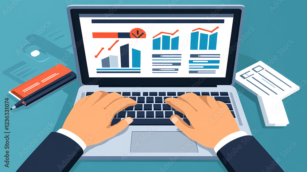 Poster analyzing business data trends office workspace digital graphics professional environment top-down v
