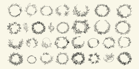 Wedding invitation template with beautiful floral foliage, botanical line background with flowers and leaves, card art, wall decor ideas