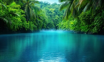 Fototapeta premium Hidden Tropical Lagoon Surrounded by Dense Jungle and Vibrant Blue Water