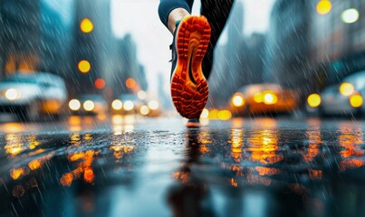 Runner in the Rain on a City Street with Reflections and Motion