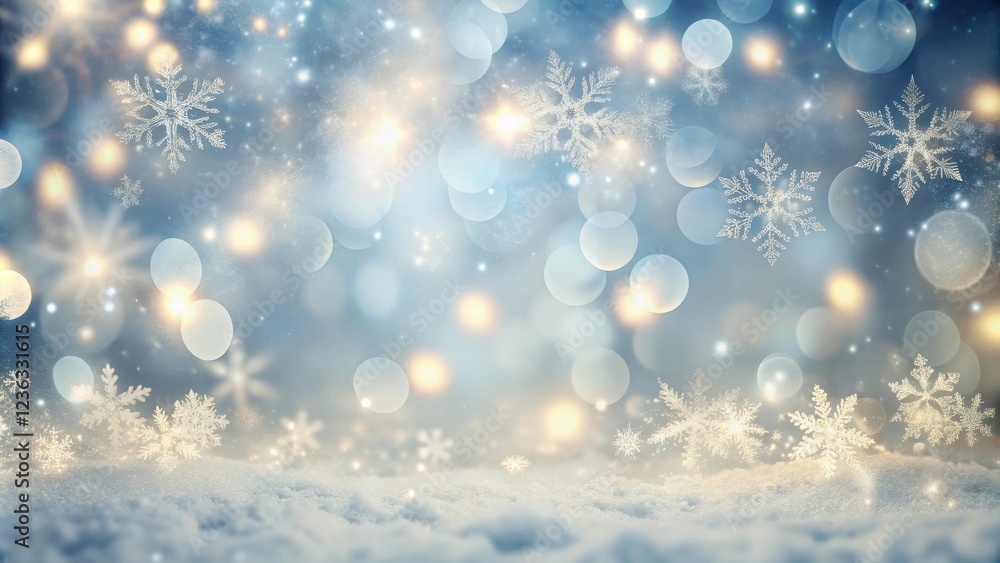 Poster a serene winter wonderland backdrop with soft, delicate snowflakes falling on a bed of pristine whit