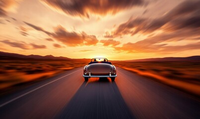 Vintage Convertible on Desert Highway at Sunset