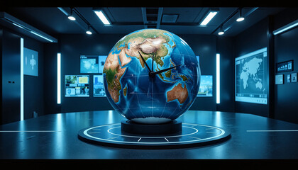 Globe showing Asia and Australia in a high-tech environment, Globe with Clock Hands
