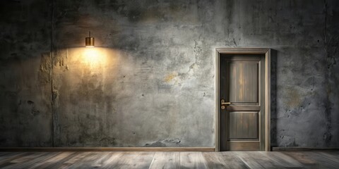 A single hanging light casts a warm glow on a weathered concrete wall, illuminating a closed wooden door leading into the unknown.