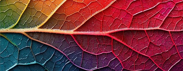 Fototapeta premium A vibrant leaf displays a gradient of colors, showcasing intricate veins and a textured surface, highlighting nature's beauty.
