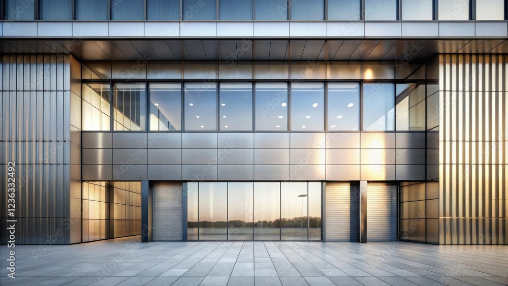 Poster modern architectural design featuring a sleek facade with large windows and a paved plaza in front