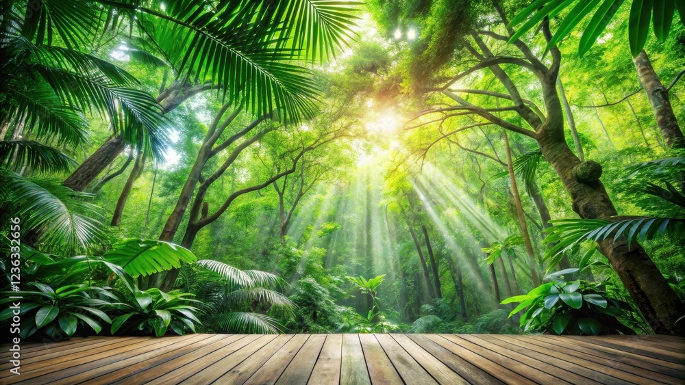 Poster sunlight filtering through lush canopy in a tranquil rainforest, offering a serene view of nature's 