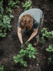 Fototapeta premium Man planting vegetables in garden
