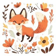 Adorable Cartoon Fox Surrounded by Autumn Flowers and Leaves Illustration