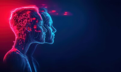 Naklejka premium Digital Twin Avatar Creation with 3D Hologram and Neon Wireframe