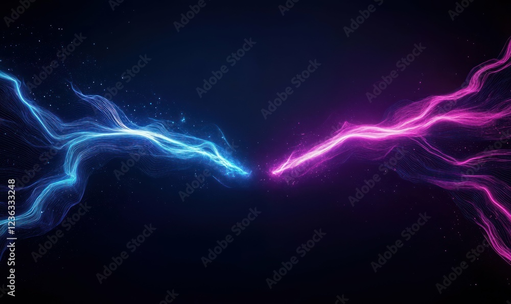 Poster futuristic data flow visualization with glowing particles in cyberpunk aesthetic