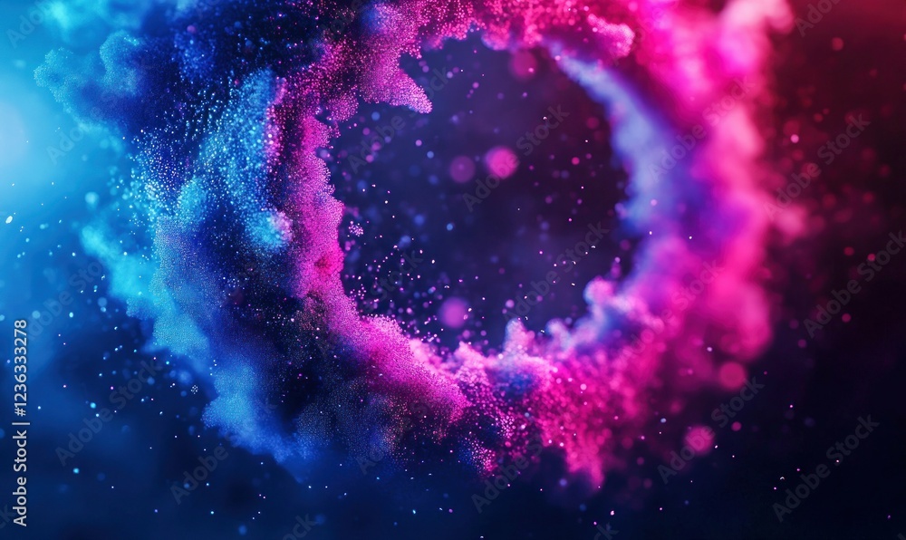 Poster futuristic data flow visualization with glowing particles in cyberpunk aesthetic