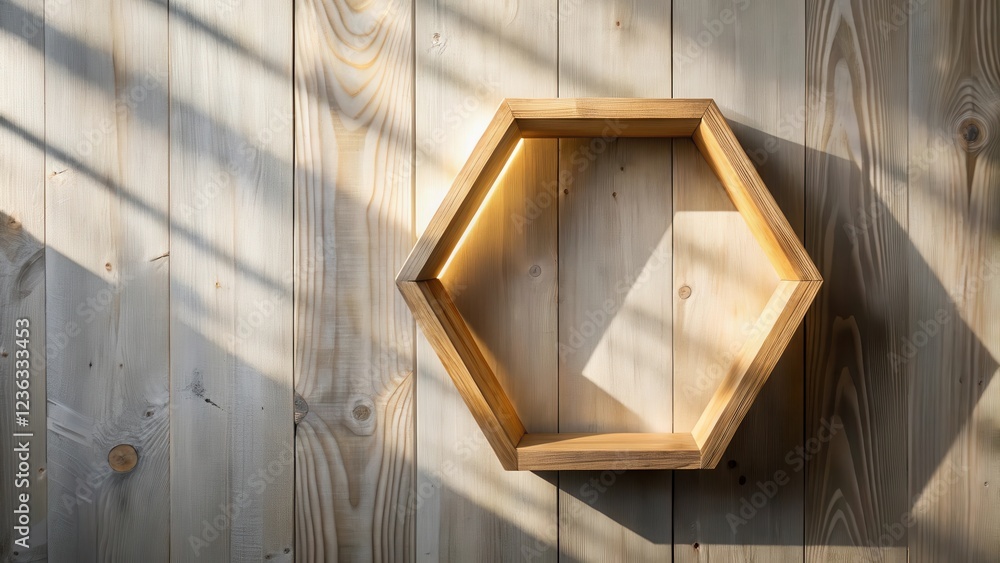 Poster a hexagonal wooden shelf mounted on a wood panel wall, bathed in the soft glow of sunlight streaming