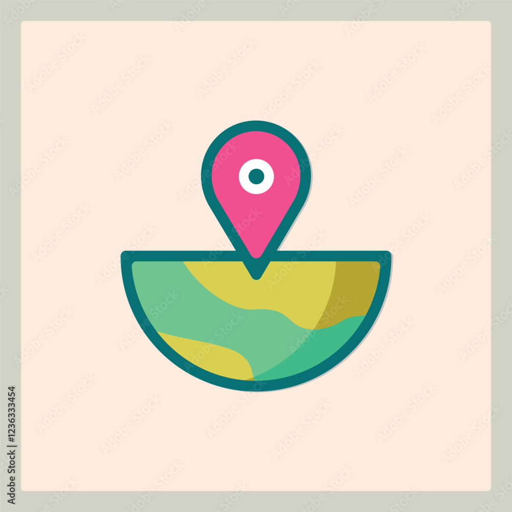 Poster stylized icon of location pin on a semi-circular globe representing geographical location