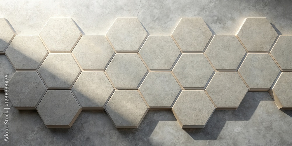 Poster A textured hexagonal pattern of beige tiles arranged in a staggered formation on a grey background with light shining through the gaps between the tiles