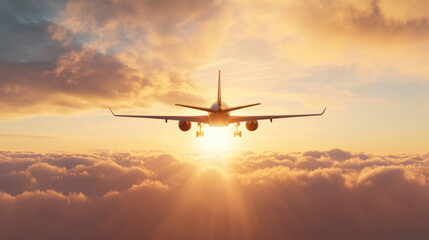 Obraz premium stunning image of business jet flying through clouds at sunset, showcasing beauty of aviation and serene atmosphere of sky