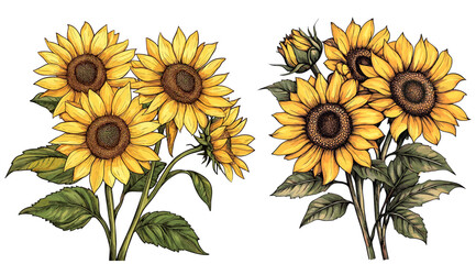 Hand Drawn Sunflower Bunch Illustration, Vector Artwork, Floral Art Design, Summer Botanical Drawing, Rustic Sunflower Sketch.