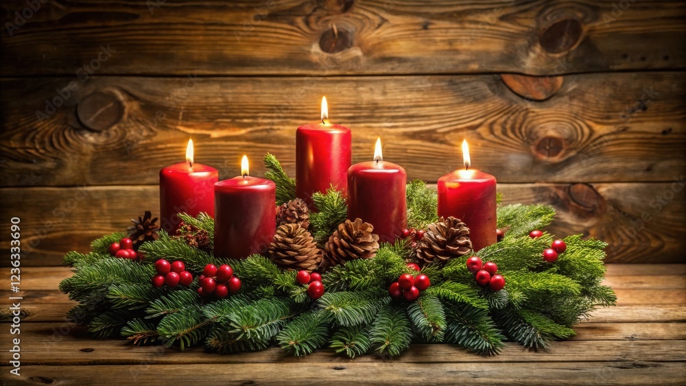 Poster a festive advent wreath adorned with evergreen branches, red berries, and pine cones, features four 