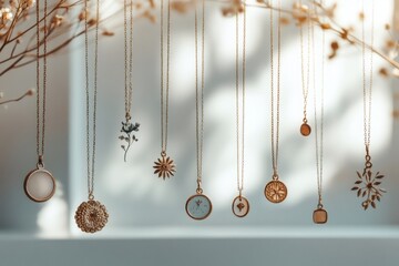 Gold necklaces with pendants hanging on display, jewelry collection showcase