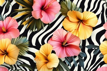 This image features a floral pattern with pink and yellow flowers on top of zebra print, creating a striking contrast.