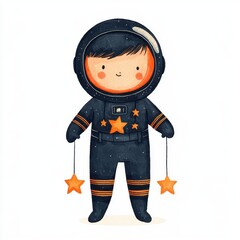 Adorable Cartoon Astronaut Child Holding Stars Space Galaxy Kid Cute Illustration