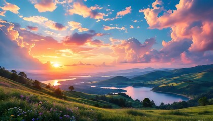 Fototapeta premium Serene Sunset Landscape Rolling Hills Lake Colorful Sky