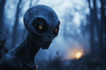 Mysterious alien humanoid in a foggy forest........