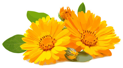 Isolated calendula flowers with bright yellow petals and lush green leaves on a clean white background, showcasing their beauty in detail.