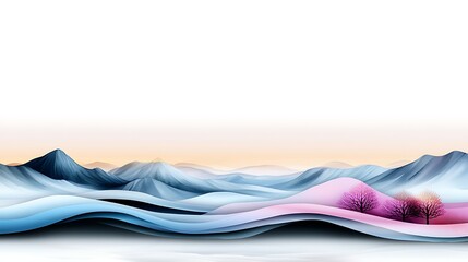 Abstract landscape illustration featuring soft waves and mountains in pastel colors, evoking tranquility and serenity. Beautiful pastel watercolor pictures concept