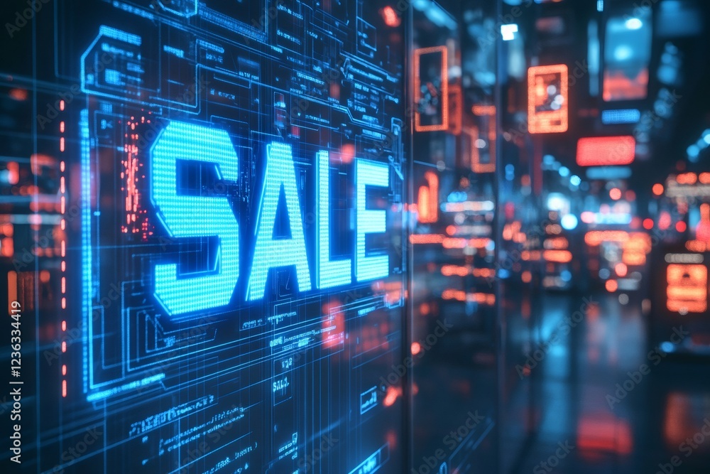 Aufkleber Futuristic head up display showing sale offer with digital interface and data analysis in background